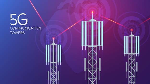 Vettore gratuito composizione delle torri di comunicazione 5g con sfondo di laser a onde radio e testo con immagini di illustrazione vettoriale di torri cellulari