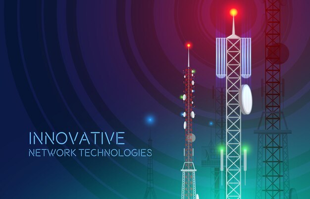 Communication towers background with editable text and view of cellular towers with spreading radio wave signal vector illustration