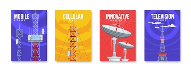 Set di torri di comunicazione di quattro poster verticali isolati con testo modificabile e antenne cellulari con illustrazione vettoriale delle onde