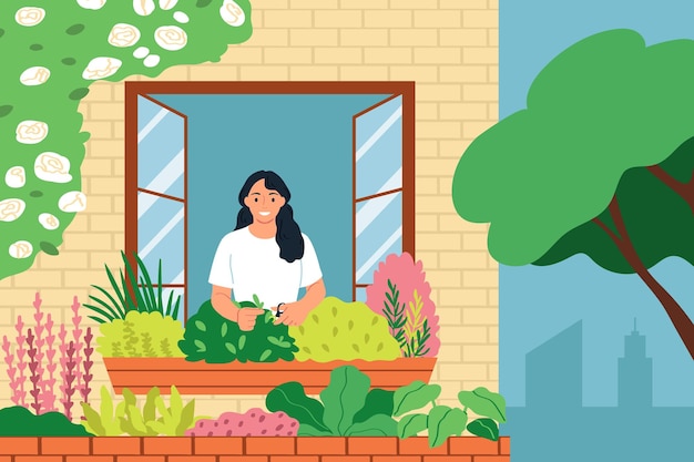 Poster piatto del giardino della comunità con una ragazza divertente che pianta fiori sul suo davanzale della finestra illustrazione vettoriale di cartoni animati