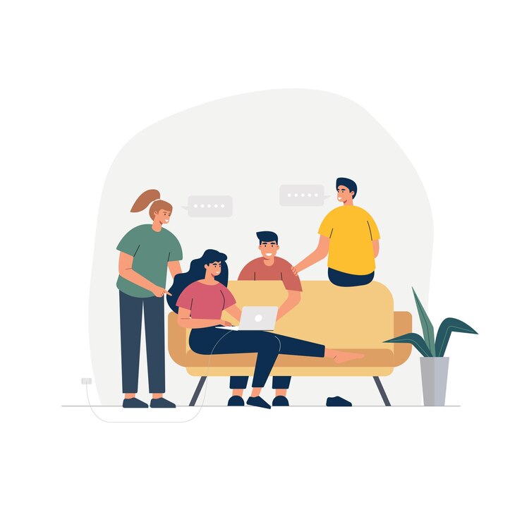 Free Vector company business members. discussion with team members flat hand drawn illustration.