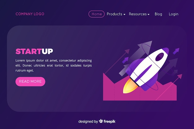 Free vector company landing page with rocket