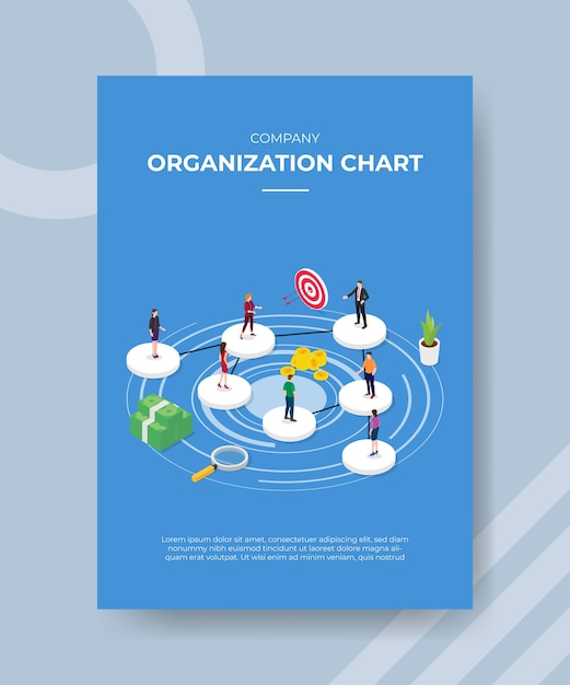 バナーやチラシのテンプレートの円の形に立っている会社の組織図