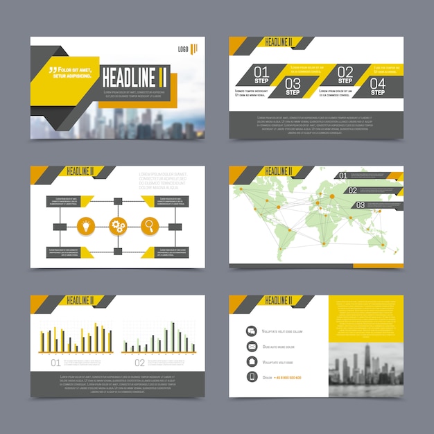 Free vector company presentation templates set on grey background flat isolated vector illustration