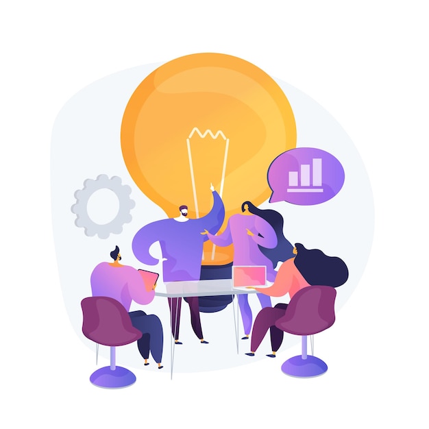 Free vector company teamwork, idea generation. discussion, meeting, conference. corporate workers characters brainstorming, business strategy planning.