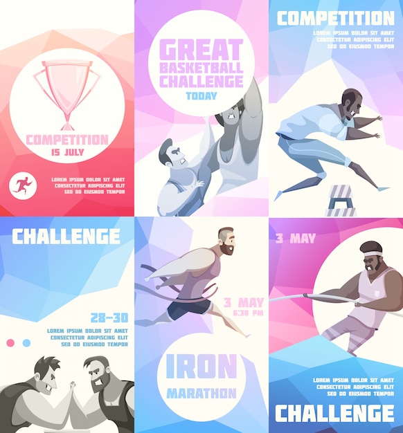 Competition flyer set of six vertical posters with cartoon sportsman characters