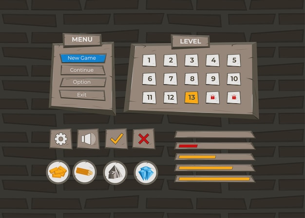 Free vector complete set of level button game pop-up, icon, window and elements for creating medieval rpg video games