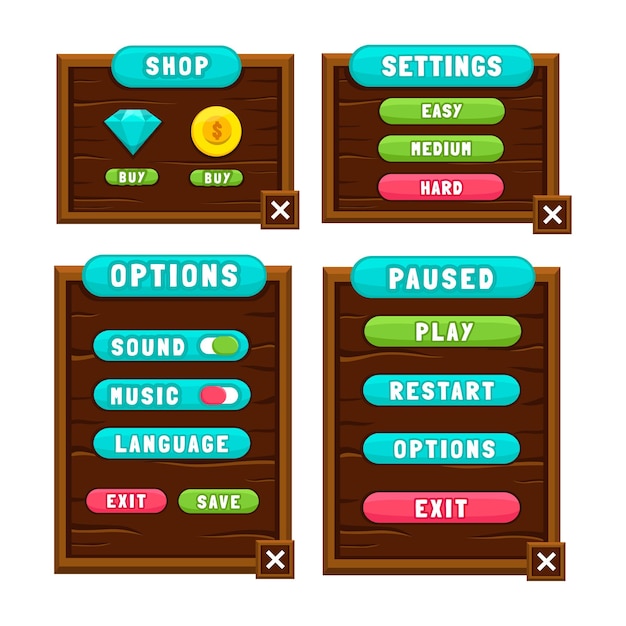 Vettore gratuito set completo di pop-up di gioco con pulsanti di livello, icone, finestre ed elementi per la creazione di videogiochi rpg medievali