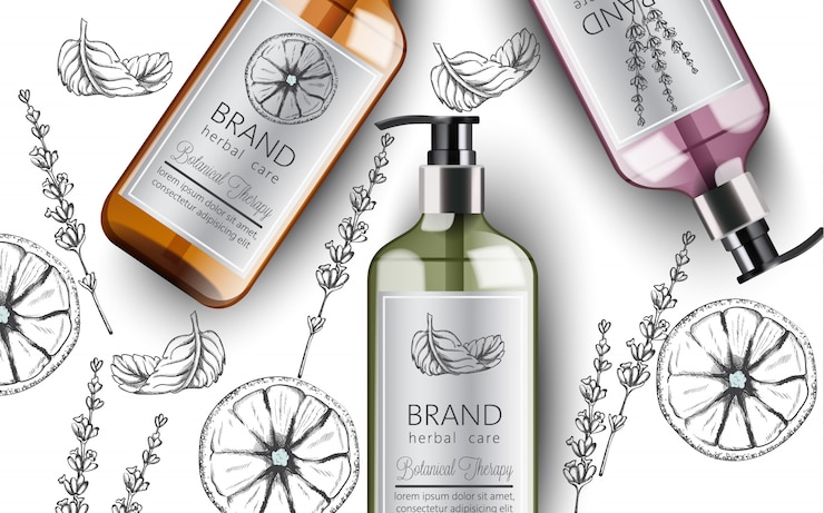Free Vector composition of bottles of organic shampoo with herbal care. various plants and colors. mint, orange and lavender. place for text