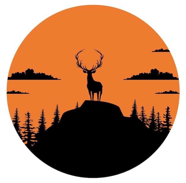 Composition of a circle an with elk staying on the top of the mountain