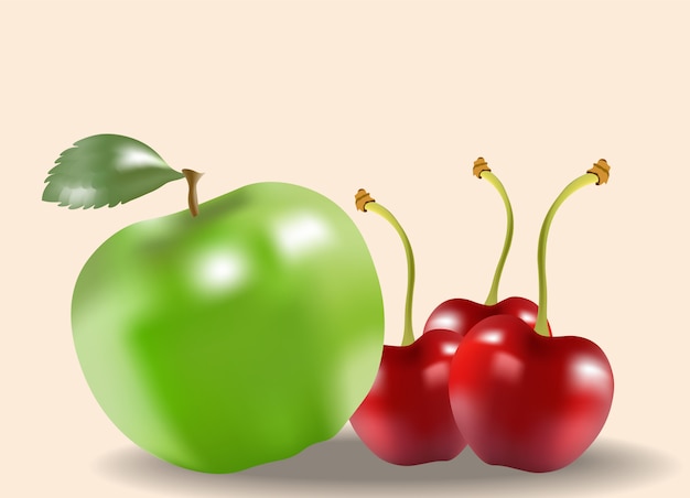 Free vector composition of green apple and cherries on beige background. healthy fruits