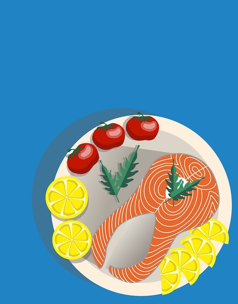 Free vector composition of a plate with a slice of salmon lemon whole tomatoes and rucola salad