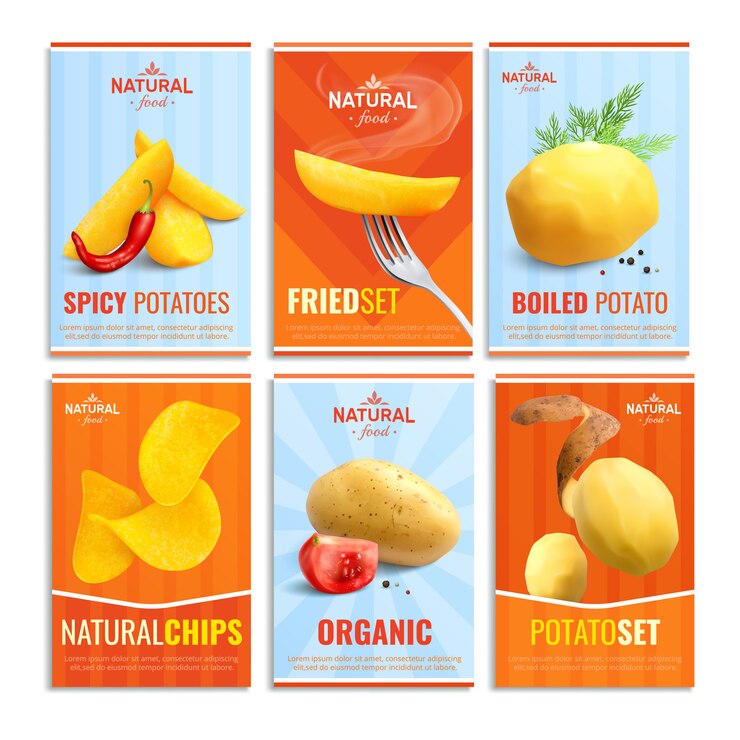 Free Vector composition of six cards with images of boiled potato fried spicy and natural chips