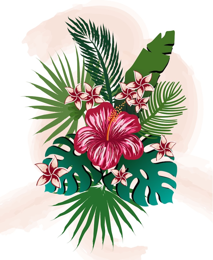 Free Vector composition of tropical flowers and leaves. hibiscus, frangipani, palm and monstera