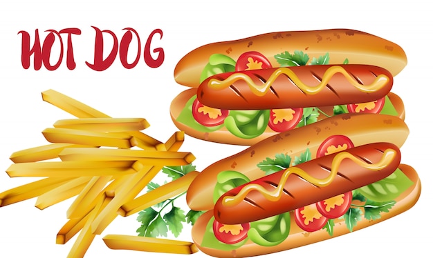 Vettore gratuito composizione di due hot dog con pomodorini, basilico, prezzemolo e senape, vicino a una porzione di patatine fritte