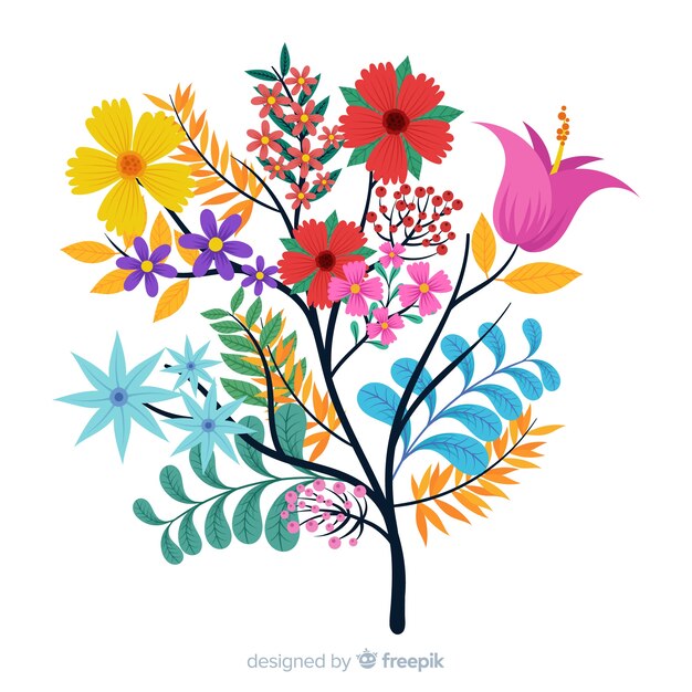 Composition with blossom flowers and branches in colourful palette