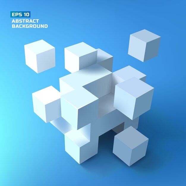 Composition with a bunch of tridimensional white cubes with shadows forming complex structure on gradient background