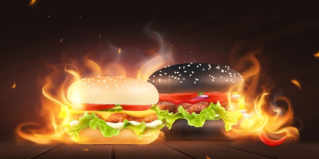 Free vector composition with burning flame cheeseburger and hamburger illustration