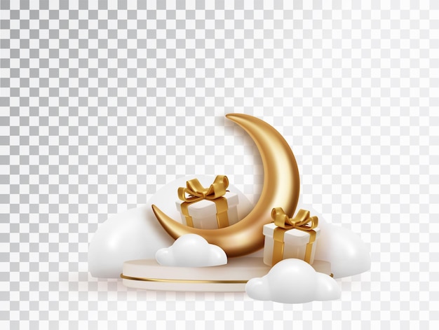 Composition with a crescent moon and gift boxes for the decoration of the Islamic holy month on a podium in the clouds Decorative 3d elements for Muslim holidays