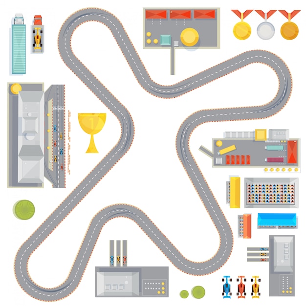 Composition With Curvy Racing Track Garages Service Stations And Race Car Images Cup And Medals Icon