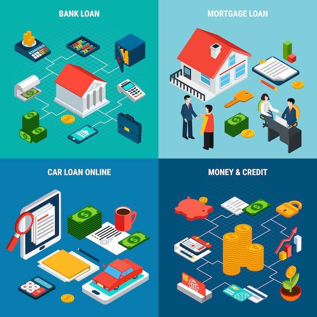 Compositions of financial banking related human characters and pictograms