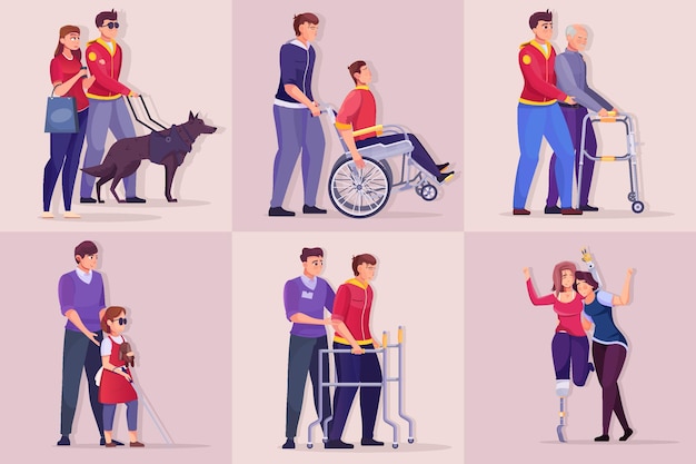 Compositions of life and movement of disabled people on a beige flat illustration