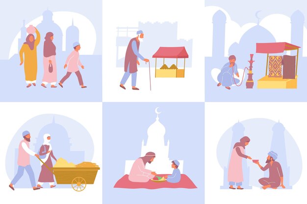 Композиции из некоторых сцен времяпрепровождения мужчин и женщин на плоской иллюстрации арабского города