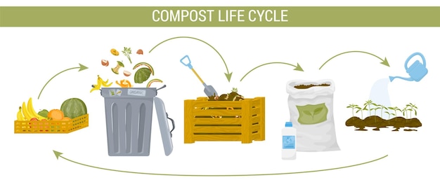 Vettore gratuito infografica piatta per il compostaggio del compost con la descrizione del ciclo di vita del compost e le fasi dell'illustrazione del vettore circolare