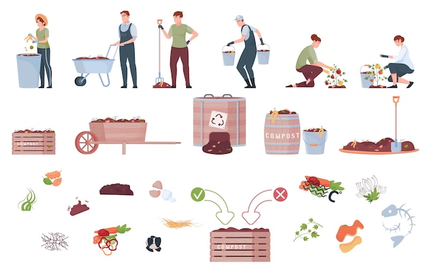 Free vector compost set with flat isolated icons of food nutritions barrels pallet boxes and workers with tools vector illustration