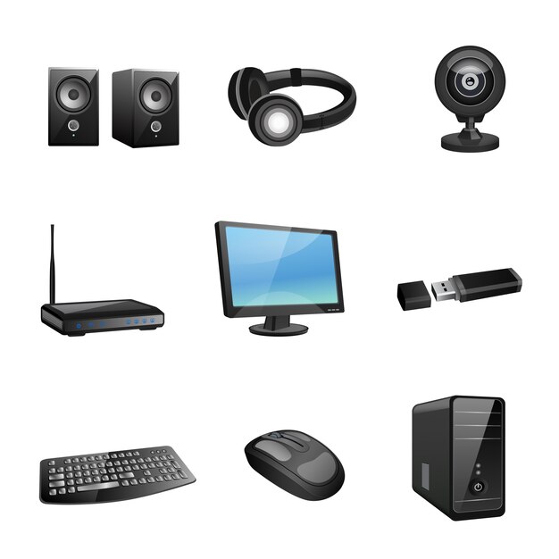 Computer accessories and peripheral black icons set isolated vector illustration