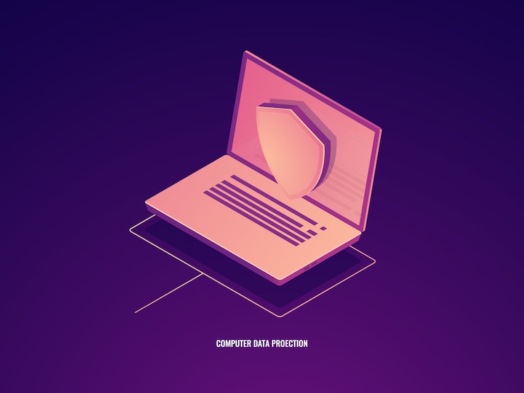Free Vector computer data protection, laptop with shield, data safety isometric icon