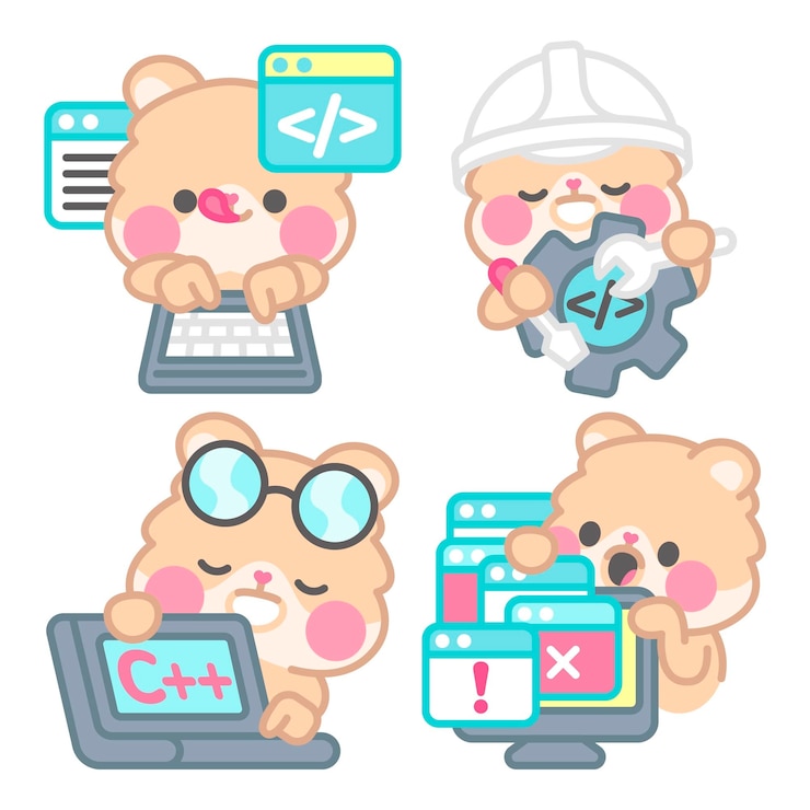 무료 Vector 햄스터 김치와 컴퓨터 엔지니어 스티커 컬렉션