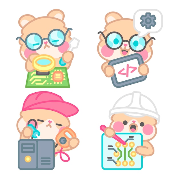 Free vector computer engineer stickers collection with kimchi the hamster