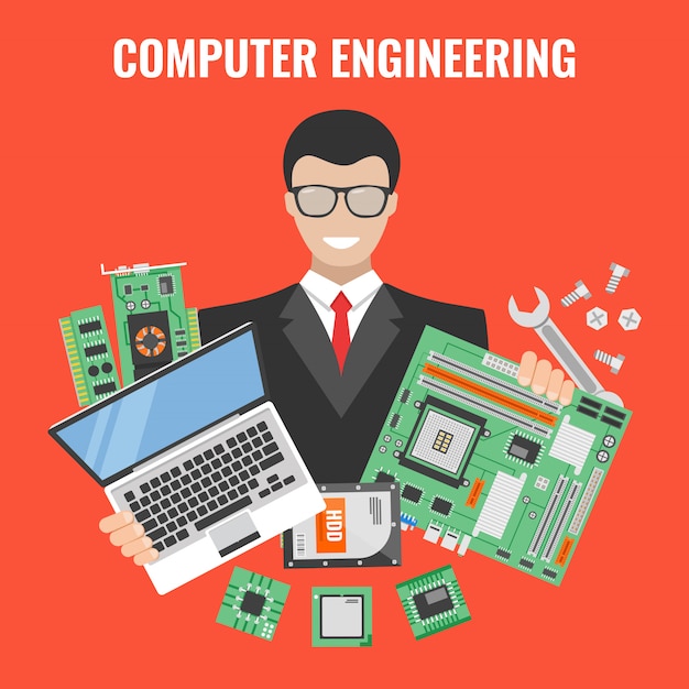 ノートパソコンと修理のベクトル図のためのツールとスーツを着た男とコンピューターエンジニアリングのチラシ