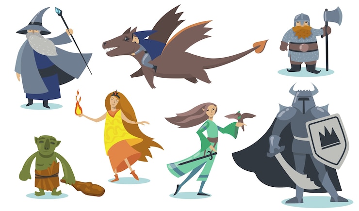 Free Vector computer game cartoon characters set. giant, viking warrior with shield, orc, magician, elf, gnome, hobbit. isolated cartoon vector illustration for online game, fantasy and fairytale