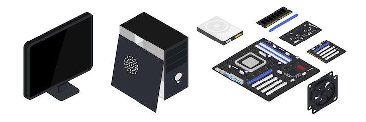 Free Vector computer hardware isometric illustration modern computer parts electronics details repairing processor motherboard hard drive fan isolated 3d clipart
