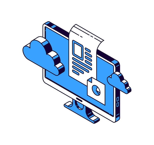 Computer monitor, virtual cloud and documents with information, isometric vector icons