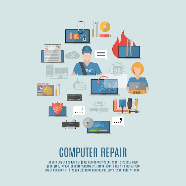 Free Vector computer repair flat icons composition poster