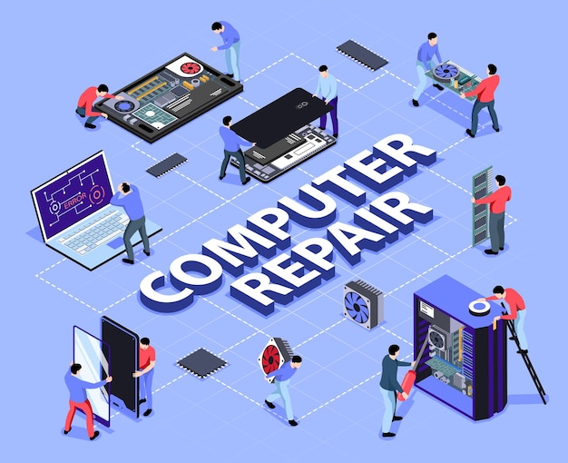 Free vector computer repair support service isometric illustration