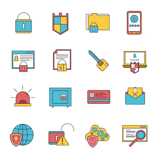 Free vector computer security icons set line