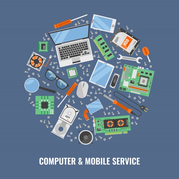 computer service round composition with colored icon set composed in big round vector illustration