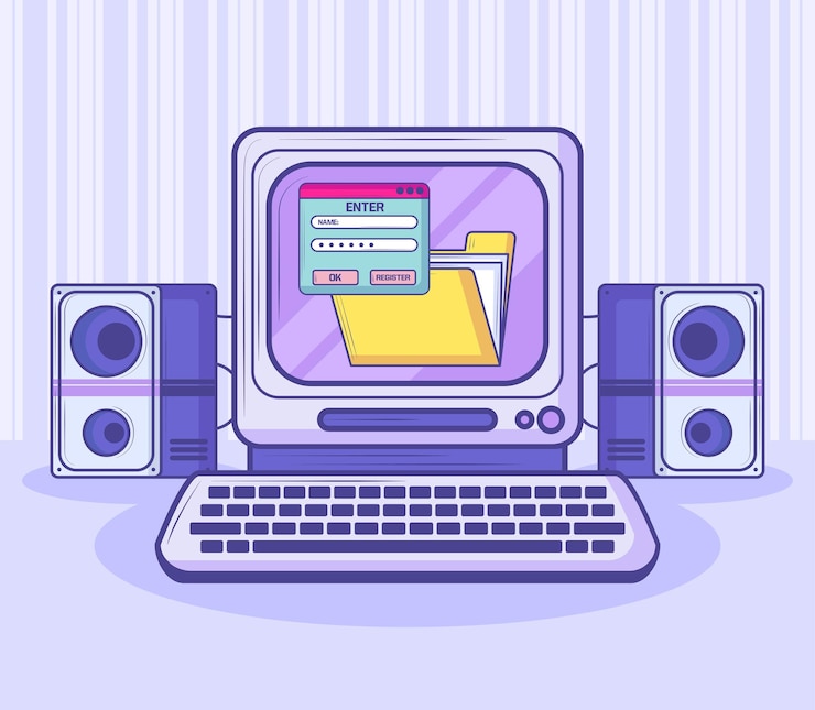 無料Vector コンピューターとスピーカーのレトロテック