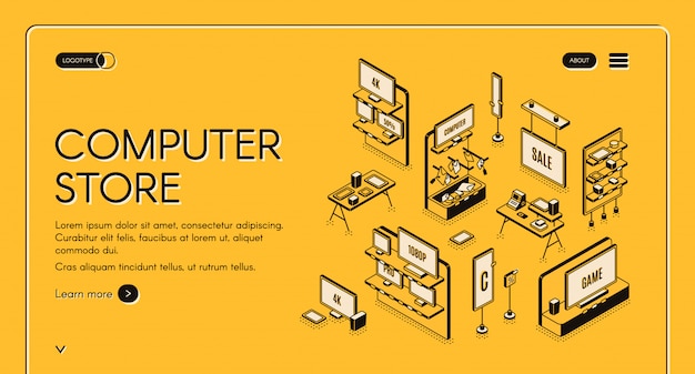 Computer store isometric landing page. Empty mall