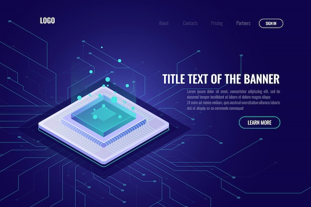 Free vector computer technology isometric abstract banner, cpu server, big data processing, machine learning