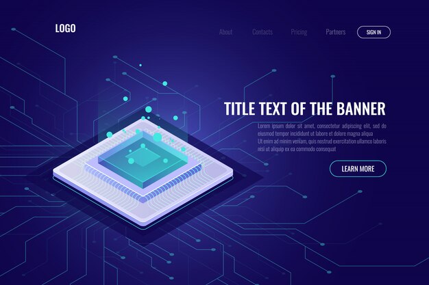 Computer technology isometric abstract banner, cpu server, big data processing, machine learning