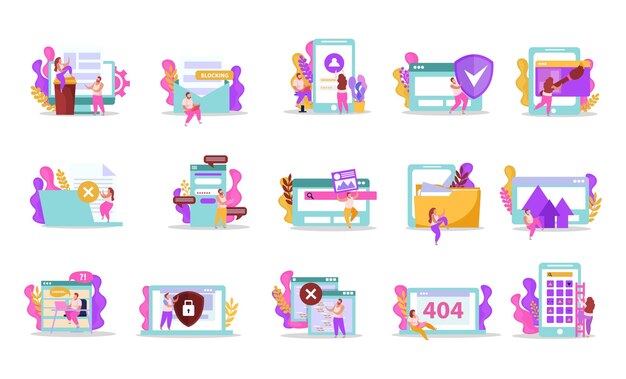 Computer users flat recolor set of isolated icons and compositions of human figures in virtual windows vector illustration