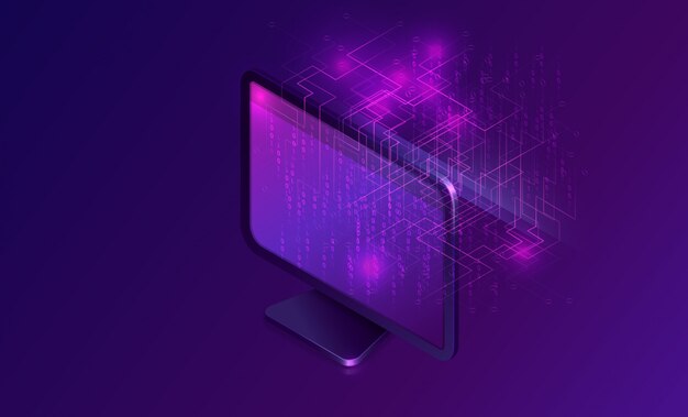 Computer with big data stream isometric banner