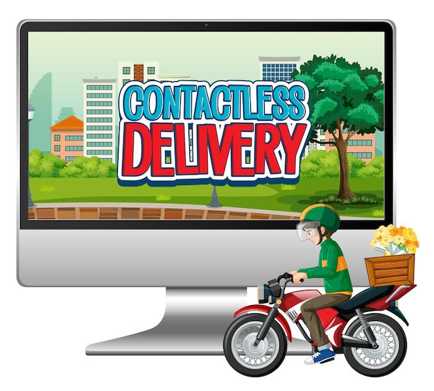Компьютер с велосипедистом или курьером и логотипом бесконтактной доставки