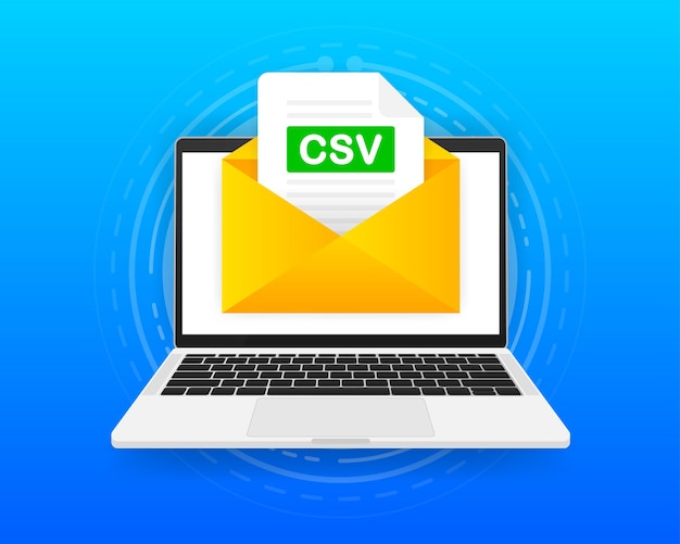 Computer with envelope and csv file. laptop and email with csv document attachment. vector illustration.