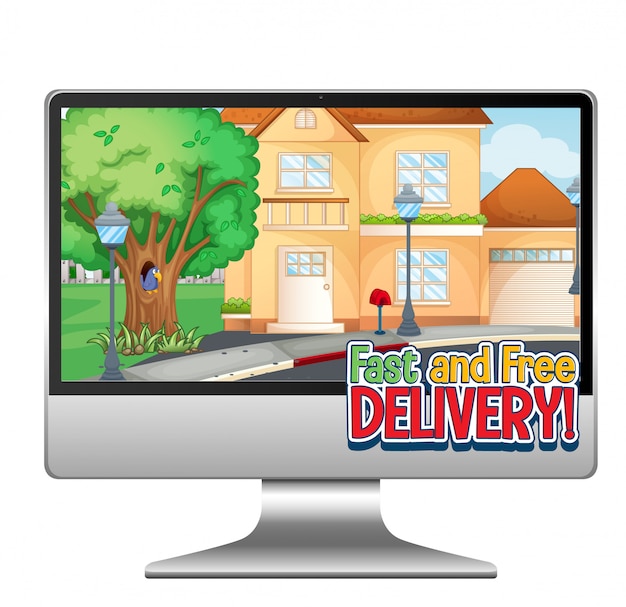 Computer with fast and free delivery logo